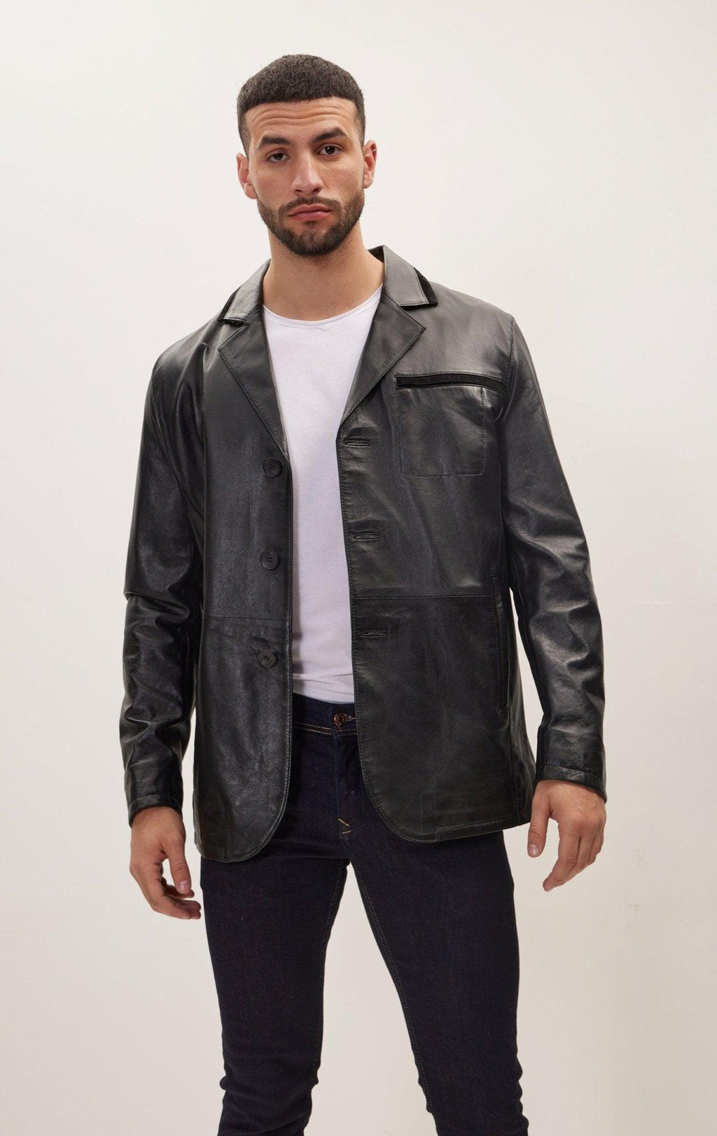 Mens Black Leather Blazer Jacket: 3-Button Notch Lapel, Genuine Leather