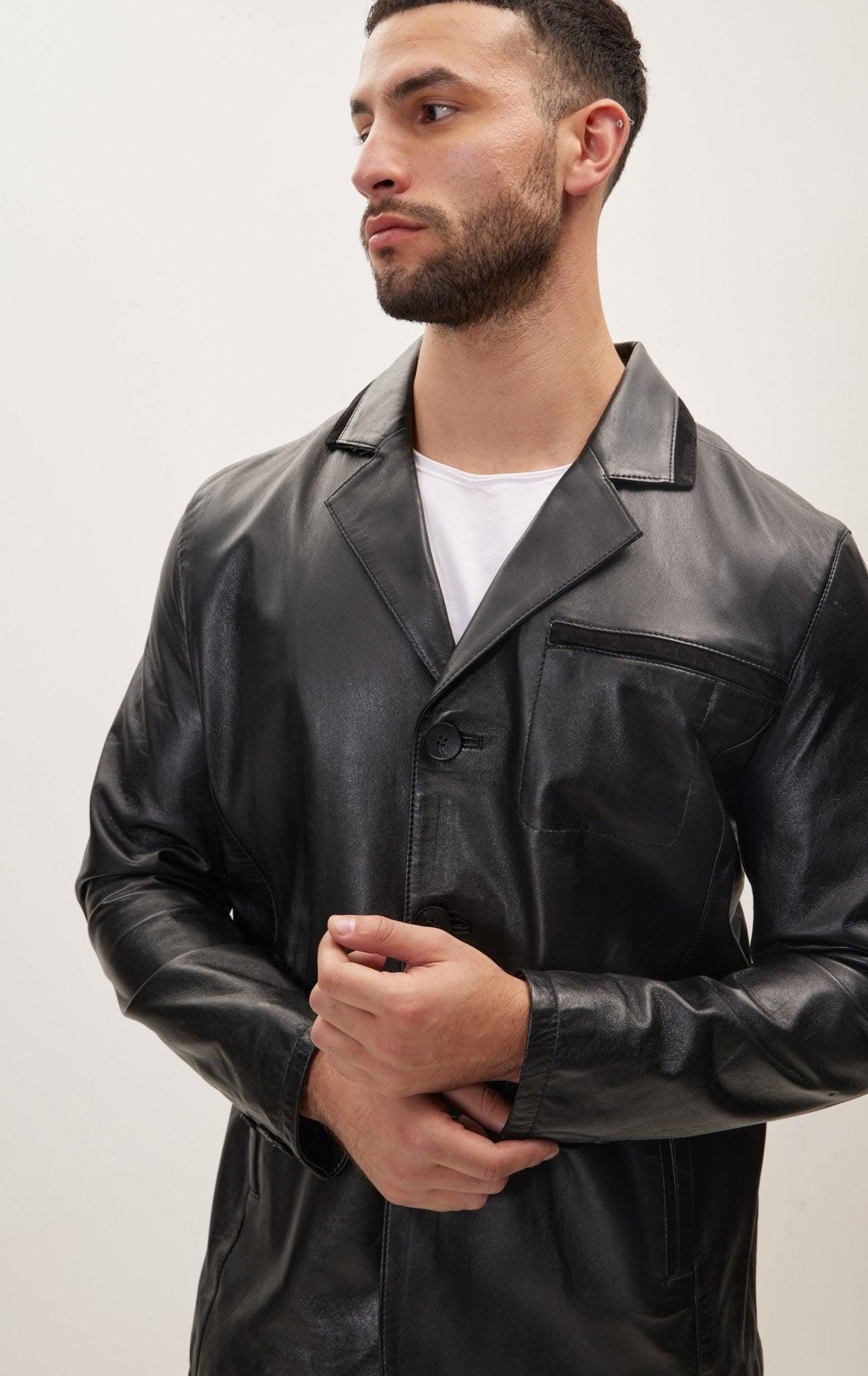 Mens Black Leather Blazer Jacket: 3-Button Notch Lapel, Genuine Leather