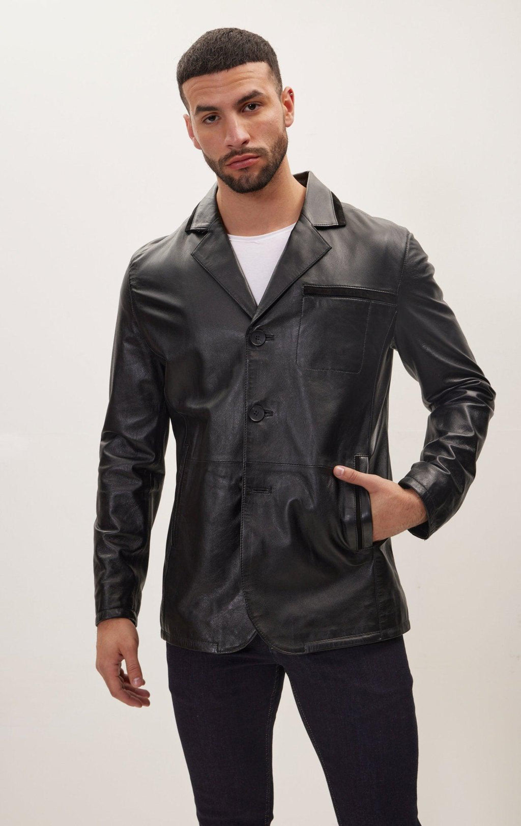 Mens Black Leather Blazer Jacket: 3-Button Notch Lapel, Genuine Leather