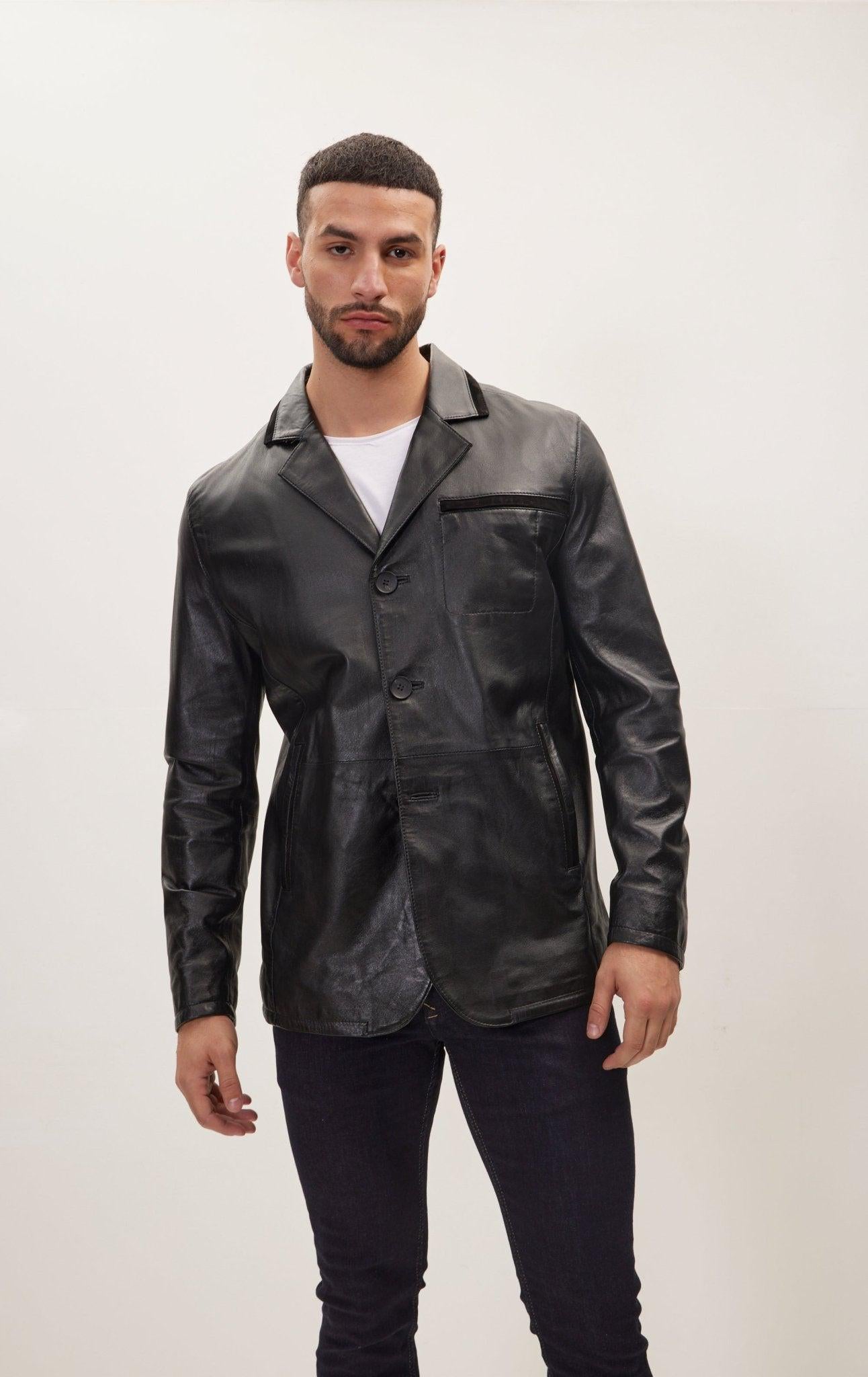 Mens Black Leather Blazer Jacket: 3-Button Notch Lapel, Genuine Leather
