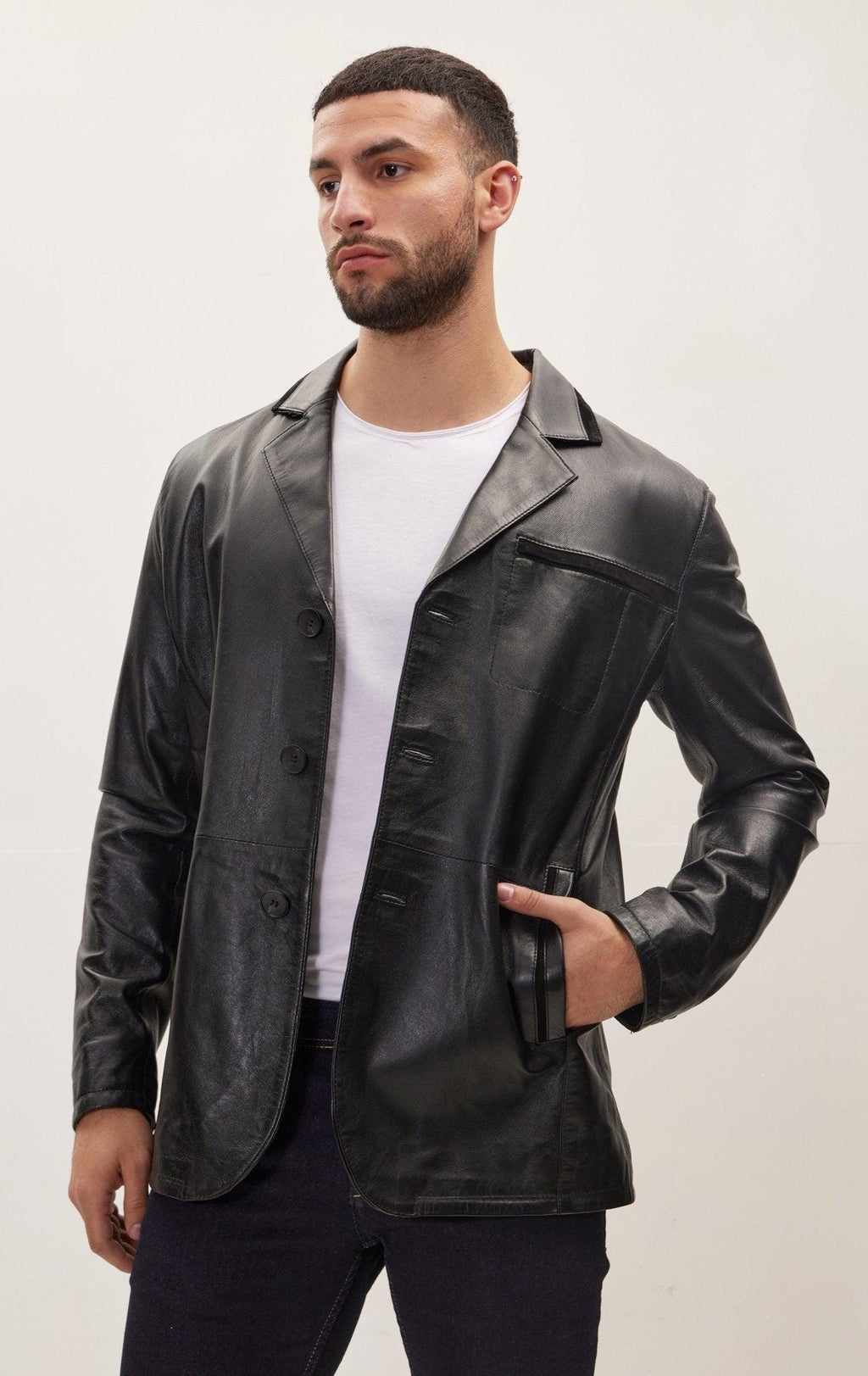 Mens Black Leather Blazer Jacket: 3-Button Notch Lapel, Genuine Leather