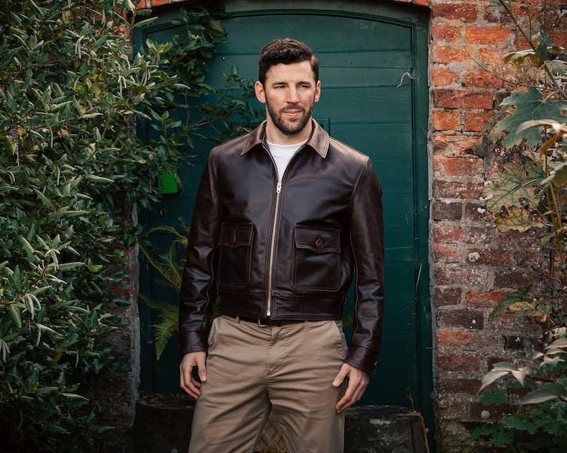 Men's Brown Cowhide Leather Bomber Jacket: Indiana Jones Aviator Style