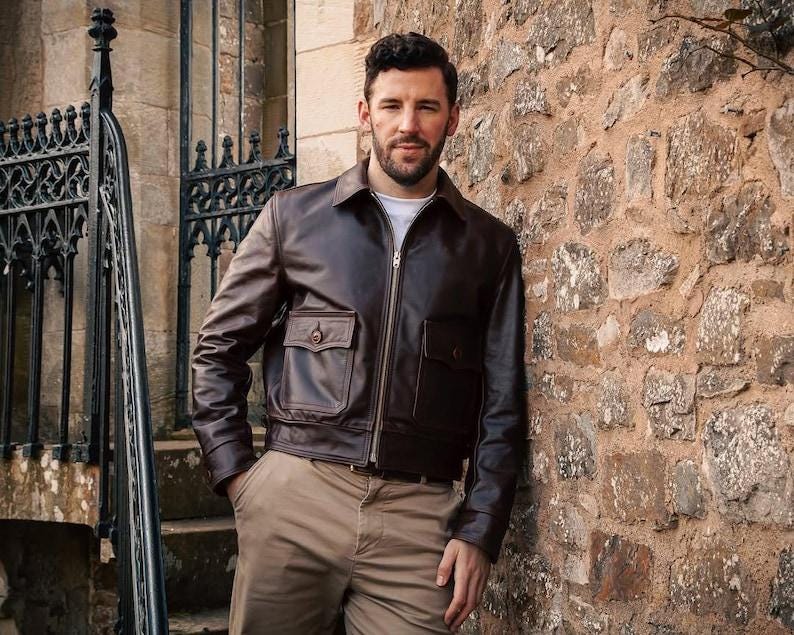 Men's Brown Cowhide Leather Bomber Jacket: Indiana Jones Aviator Style