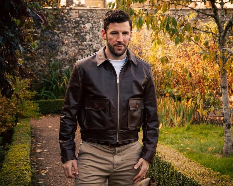 Men's Brown Cowhide Leather Bomber Jacket: Indiana Jones Aviator Style