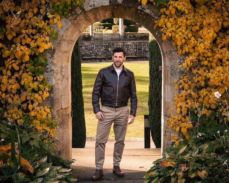 Men's Brown Cowhide Leather Bomber Jacket: Indiana Jones Aviator Style