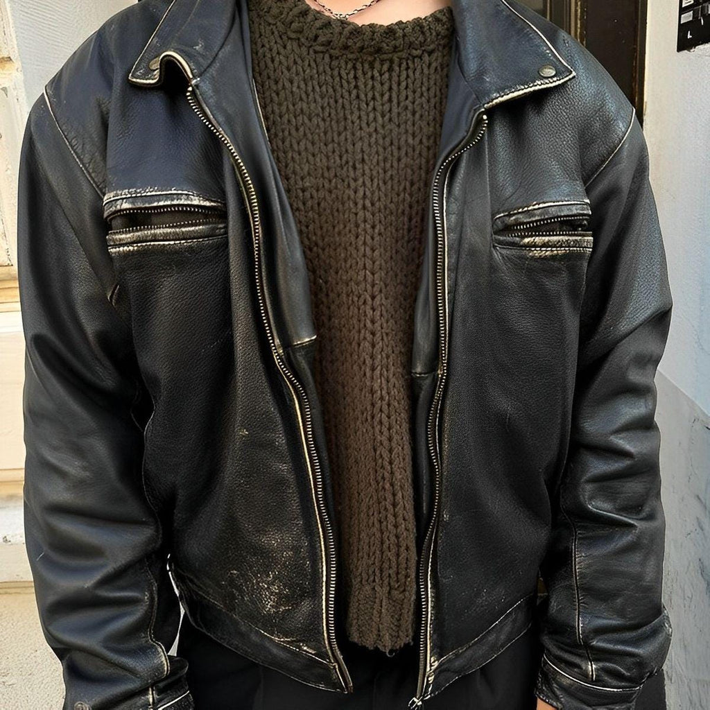 Men's Handmade Distressed Cowhide Leather Jacket: Retro Black Zip-Up Christmas Gift Idea