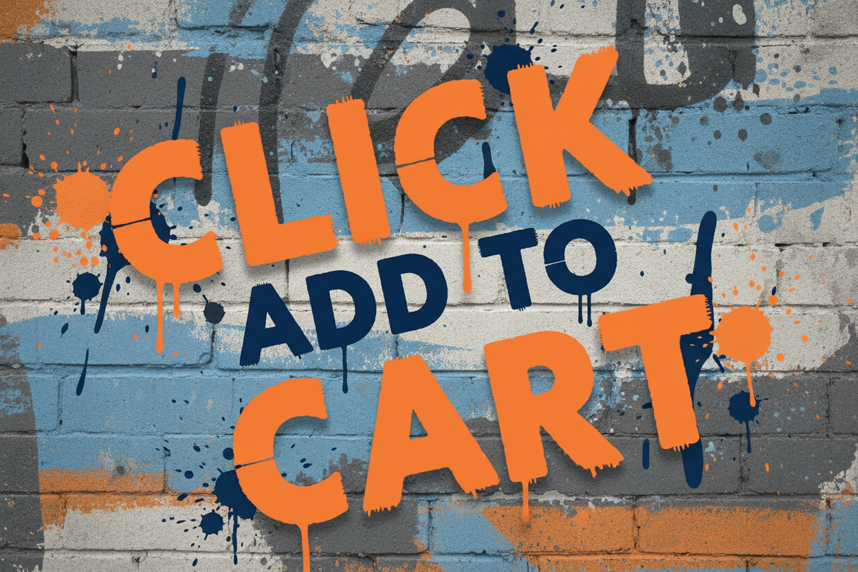 Street-style promo banner, bold orange and navy typography with text"Click Add to Cart", textured background with graffiti brush strokes, modern American ad layout, dynamic text placement, high-contrast color scheme, 1000x1000 px.